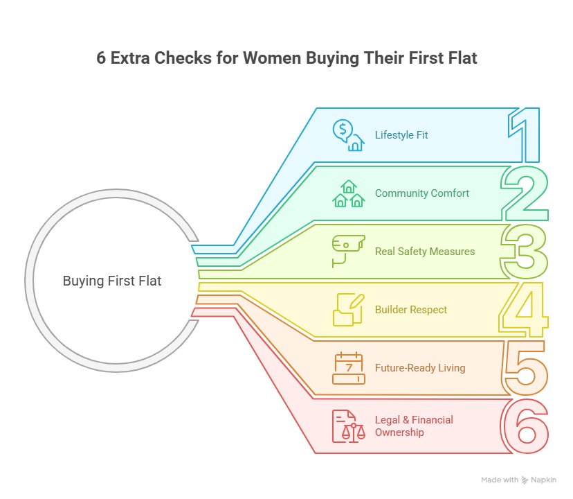 Infographic showing six extra checks for women buying their first flat in Trichy: lifestyle fit, community comfort, safety measures, builder respect, future-readiness, and legal ownership.