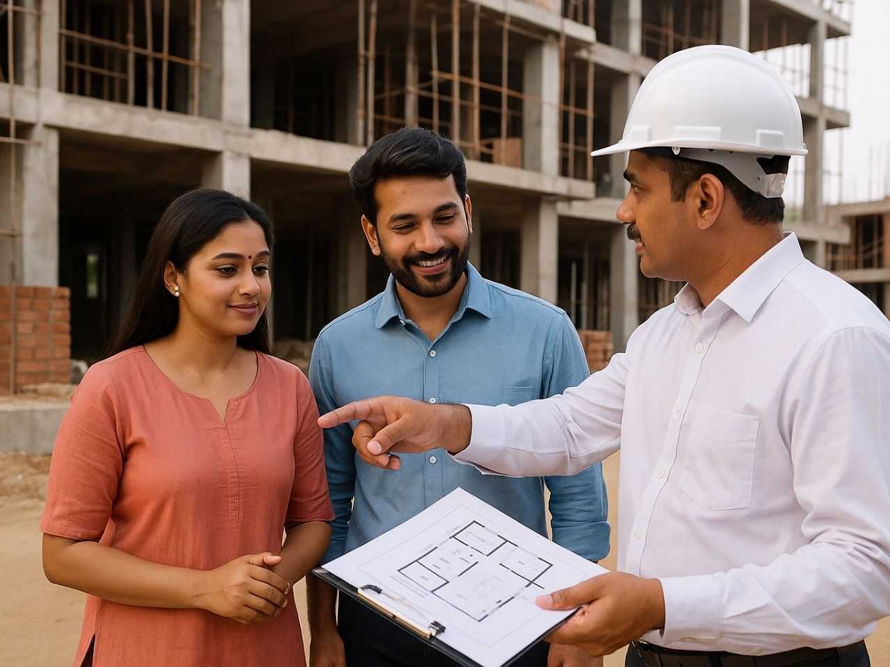A couple consulting a builder at a Trichy construction site, representing how to choose the right builder before booking a flat.