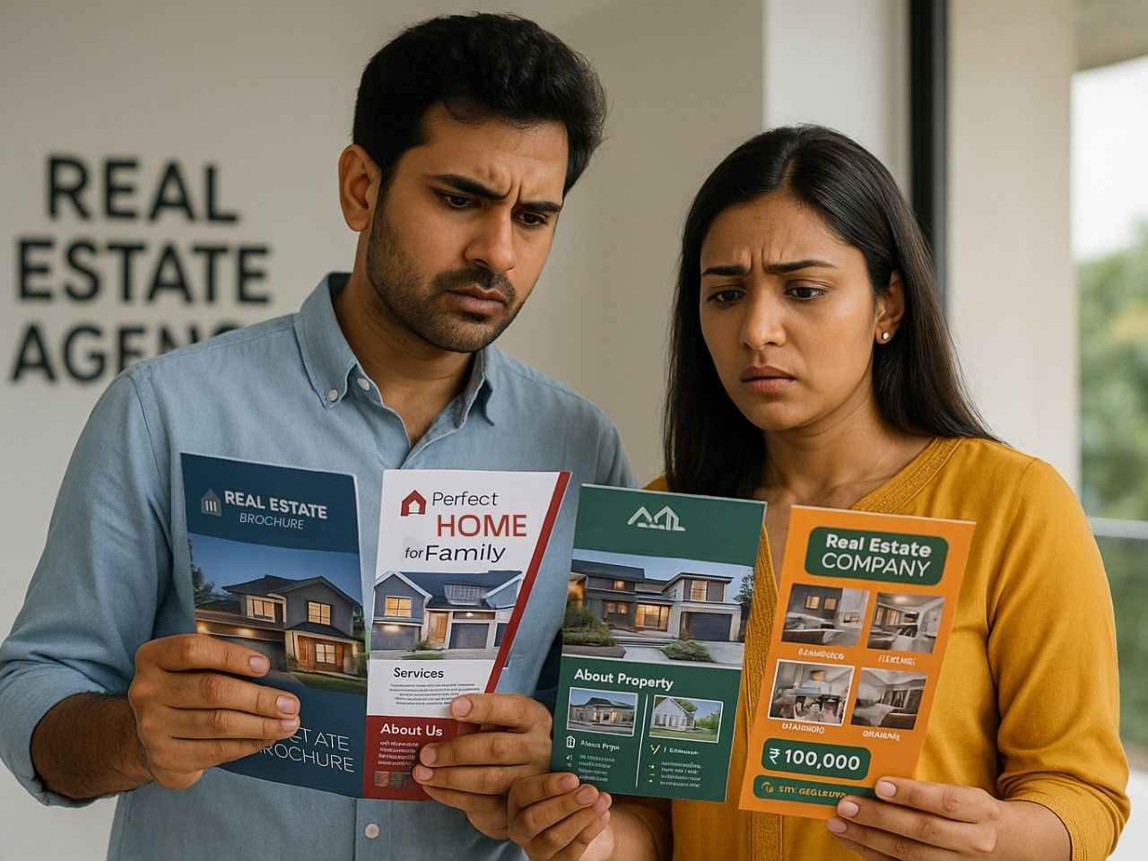 Confused Home Buying couple reviewing flat brochures while deciding on a home purchase in Trichy real estate market