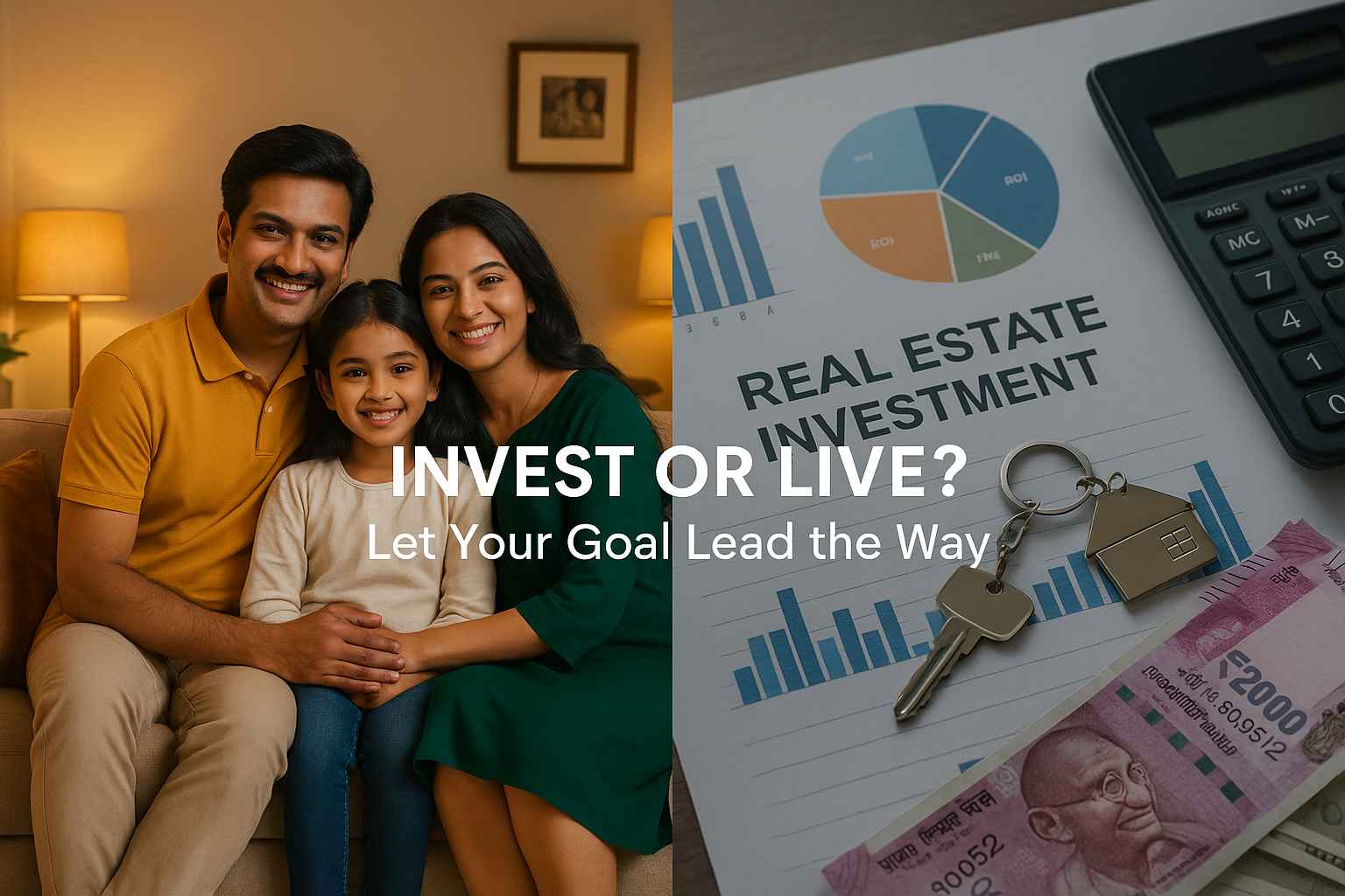 Split visual showing a family living room on one side and financial planning elements on the other, symbolising two goals behind buying a flat in Trichy.