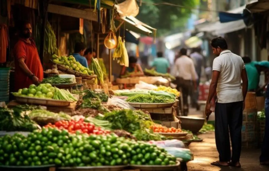 Traditional vegetable market in Trichy, showing vendors and fresh produce before the development of the Panjapur Integrated Vegetable Market.