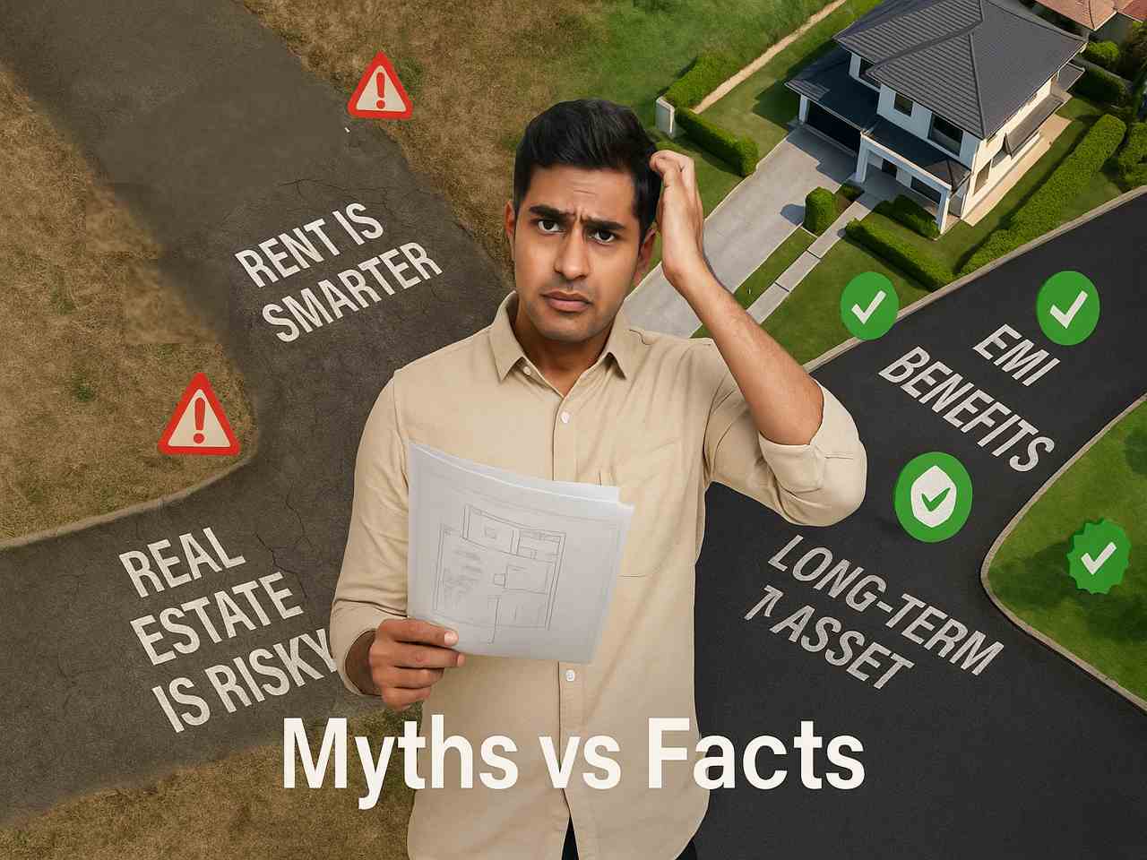 Confused Indian homebuyer at a crossroads choosing between real estate myths like “Rent is Smarter” and facts like “EMI Benefits” and “Long-Term Asset,” symbolizing home buying decisions in 2025.