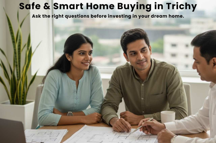 A couple discussing property documents with a real estate consultant overlooking the Trichy skyline, symbolizing safe and smart home buying.