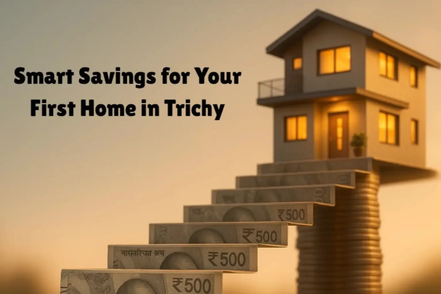 Steps made of ₹500 notes leading to a house, symbolizing smart savings for buying a first home in Trichy.