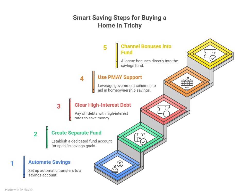 Infographic showing 5 smart saving steps in Trichy: automate savings, create fund, clear debt, use PMAY, and channel bonuses