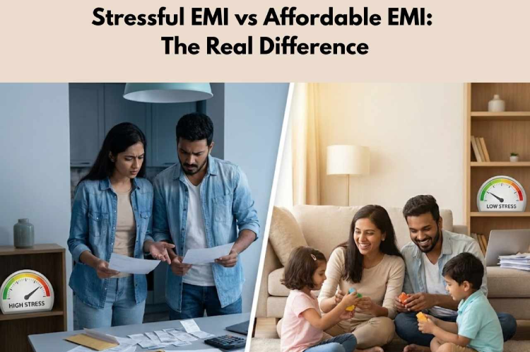 Split image showing stressed couple due to high EMI and a relaxed family enjoying time together with a comfortable EMI.