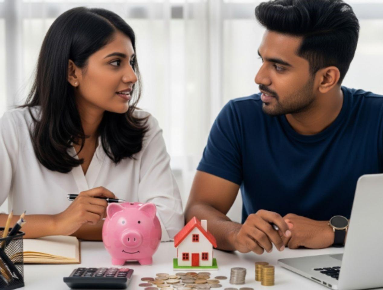 Couple discussing home finances at a white desk with a pink piggy bank and a small house model placed beside a laptop, calculator, and coins, symbolizing budget planning for apartment purchase in Trichy, 2025.