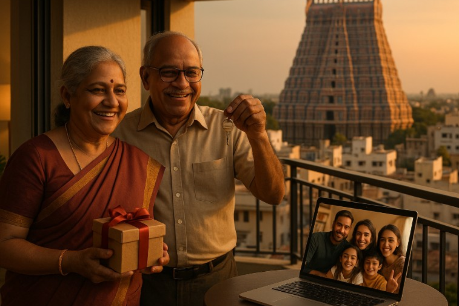 NRI family video calling parents in Trichy celebrating new home purchase, symbolising affordable flats and properties in Trichy.