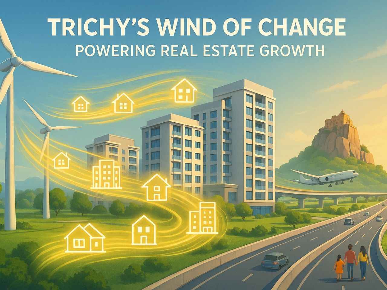 Wind turbines powering Trichy's real estate growth with apartments, flyover, airport, and Rockfort Temple in a bright futuristic cityscape.
