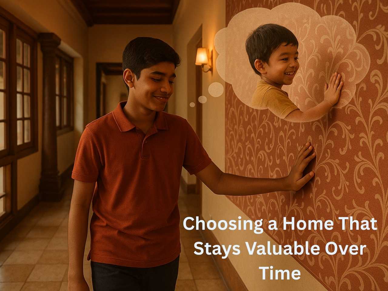 A teenage boy smiling as he touches a well-maintained wall in his home, with a memory bubble showing his younger self doing the same symbolizing how the home has stayed strong and valuable over time in Trichy.