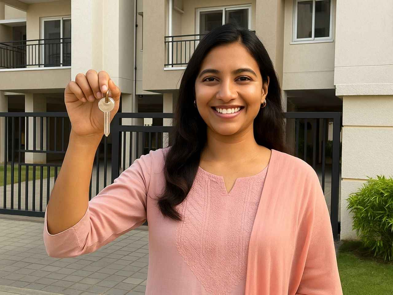 Confident Indian woman holding house keys in front of her new flat in Trichy, representing safe and affordable homeownership for women.