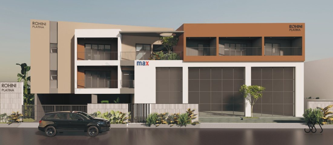 Front elevation of Rohini Platina apartments in Thiruvanaikoil, Trichy