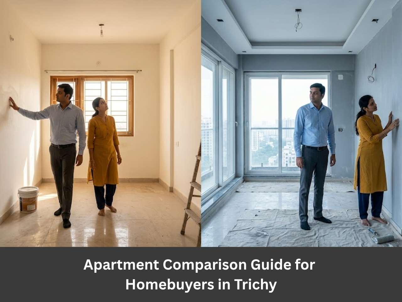 A couple visiting two different apartments in Trichy during a site visit, comparing options before buying a flat.