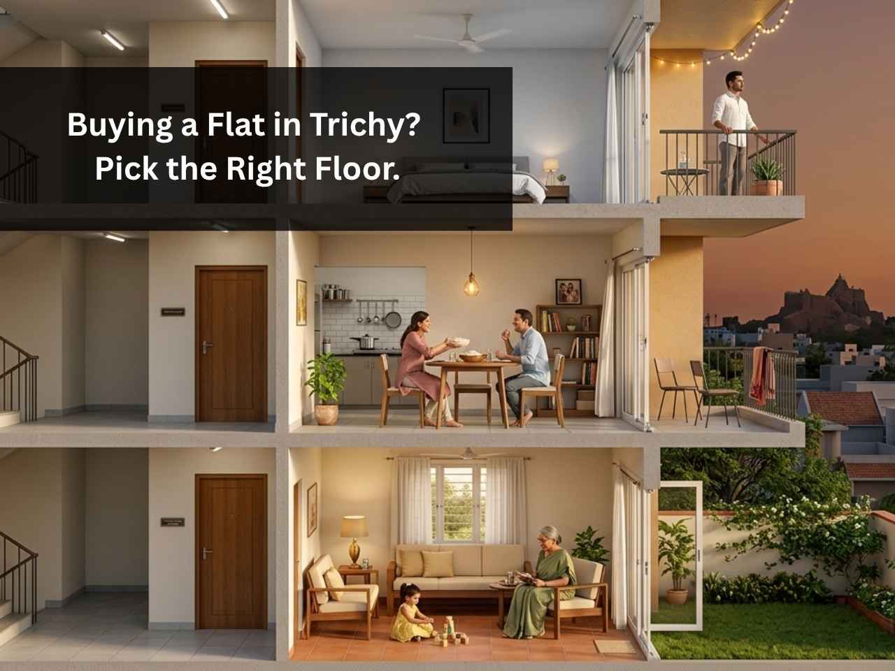Cutaway view of a Trichy apartment building showing ground, middle, and top floor living across three families.