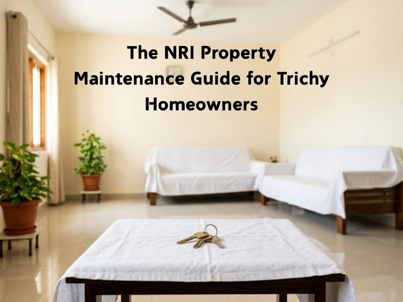 A well-maintained flat in Trichy with furniture covered in white sheets and house keys resting on a console table, representing NRI property care.