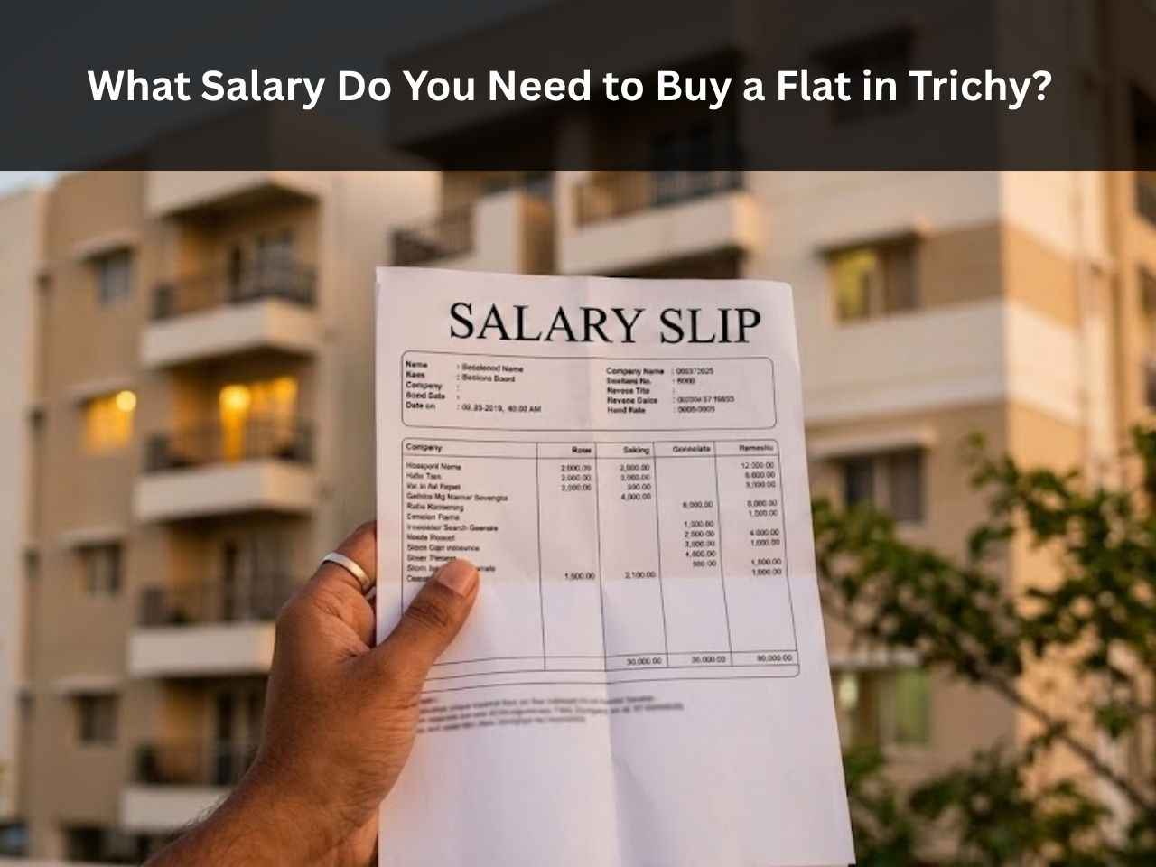 A hand holding a salary slip with an apartment building in the background, representing home affordability in Trichy.