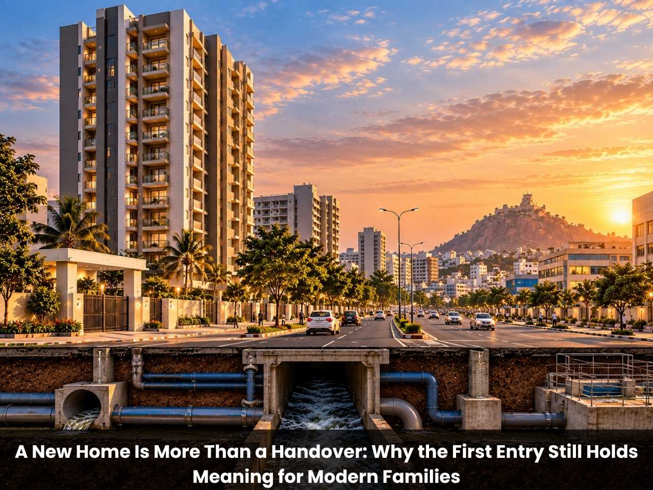 Trichy high-rise apartments along a busy urban road with drainage infrastructure and a hilltop landmark at sunset
