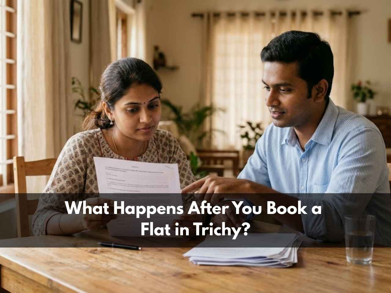 Young Indian couple reviewing flat booking documents at home, representing the post-booking process for buying a flat in Trichy.