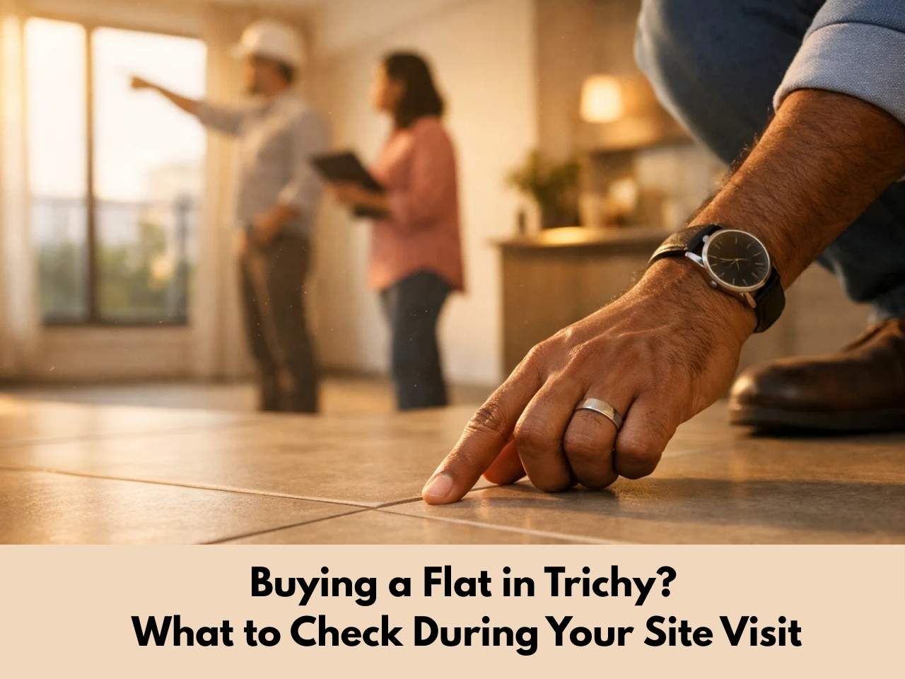 Homebuyer inspecting tile alignment during a site visit before buying a flat in Trichy, checking construction quality inside a new apartment.