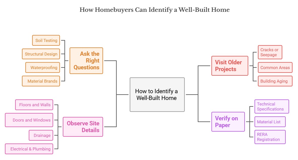 Visual checklist showing how homebuyers in Trichy identify a well-built home through site checks and document review.